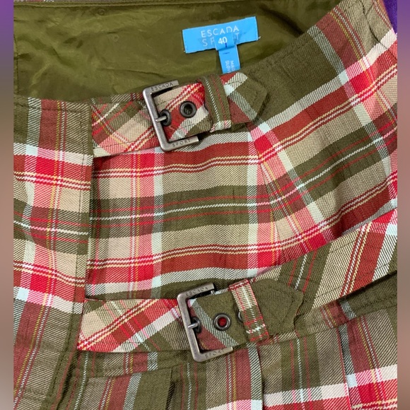 Escada Plaid Tartan Pleated Double Buckle MIDI Skirt Olive Green Red - Picture 10 of 16